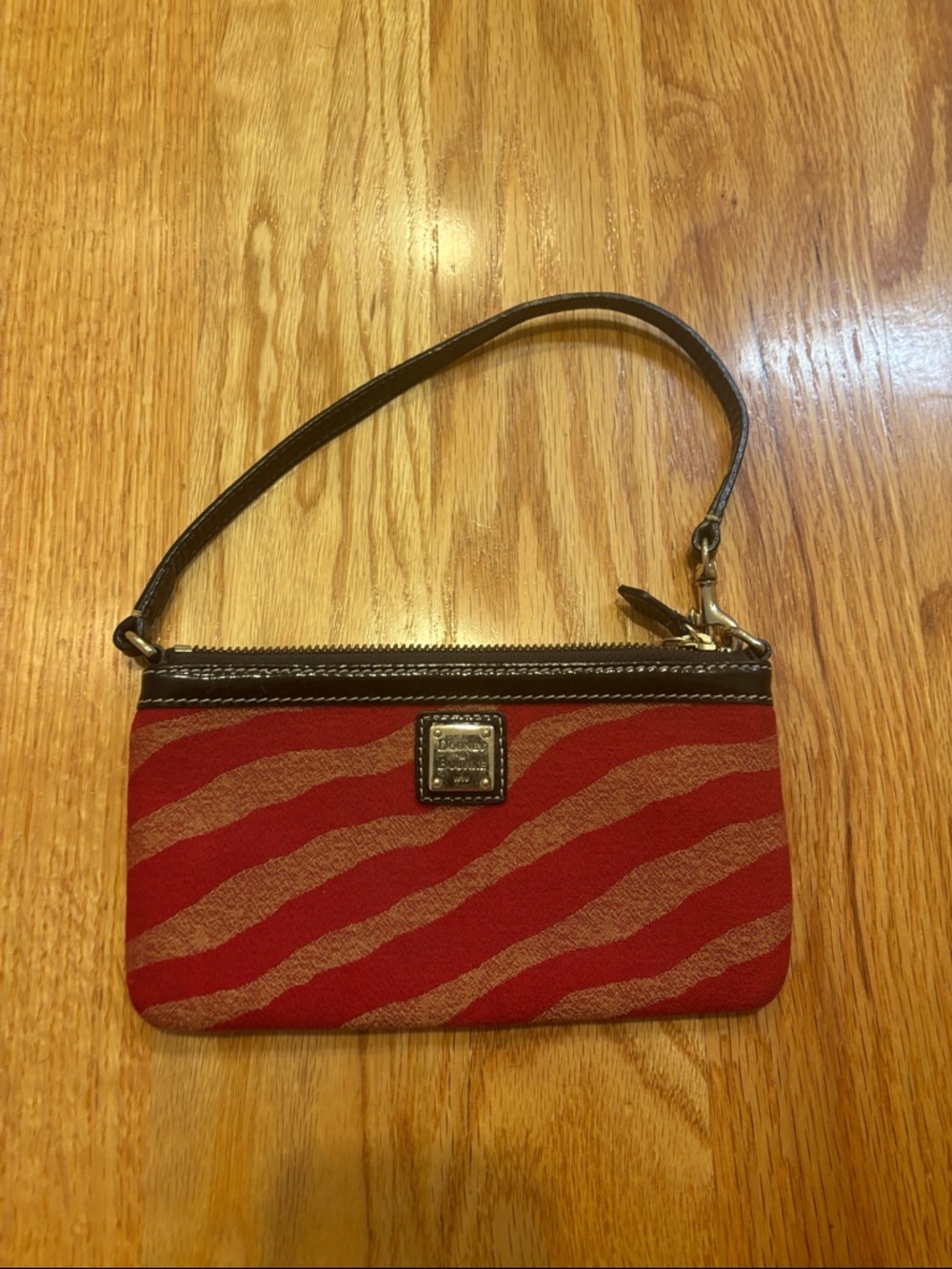 Dooney & Bourke Red/Brown Zebra Stripe Fabric Wristlet Pouch Leather Trim
